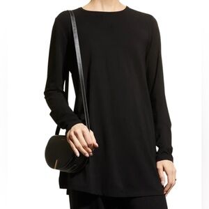 Eileen Fisher Side Slit Tunic Top Sz PM Black Longline Crew Neck Long Sleeve